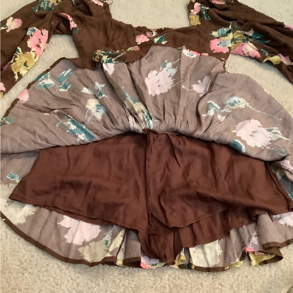 New Free People Dust Til Dawn Boho Brown Floral Long Sleeve Shorts Set Whimsy XS - Picture 13 of 16